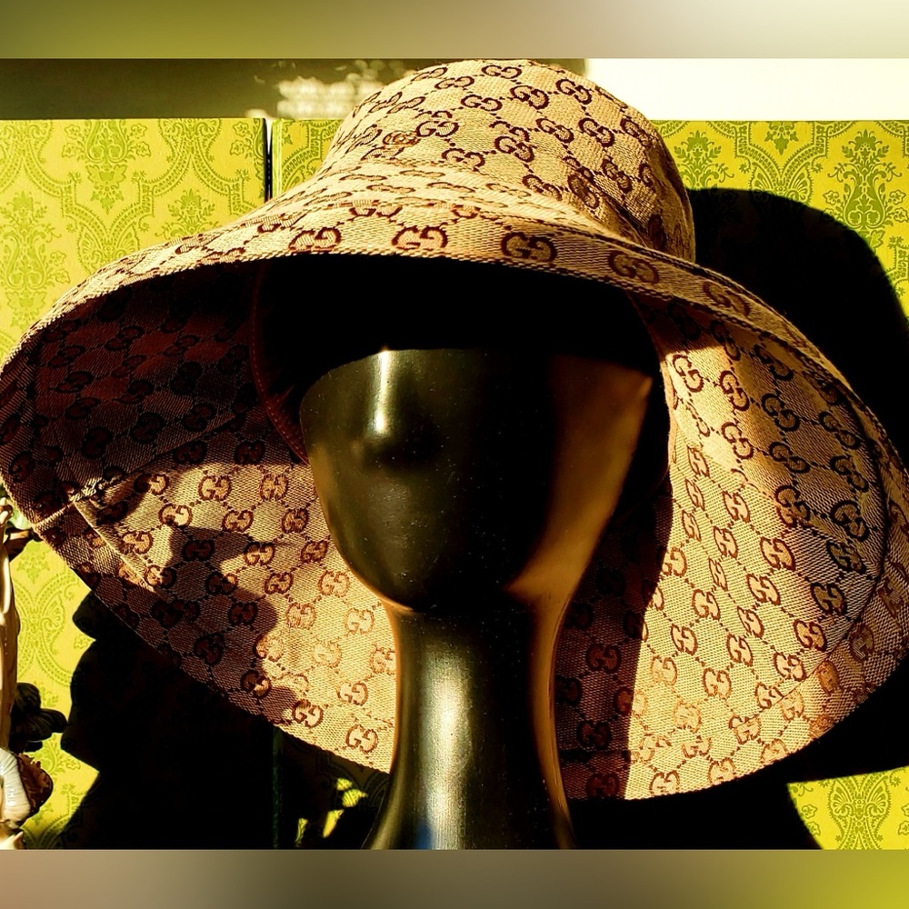 Monogram Wide Large Brim Beige Tan Canvas Bucket Hat Jacquard Sun Coverage New - Picture 4 of 16